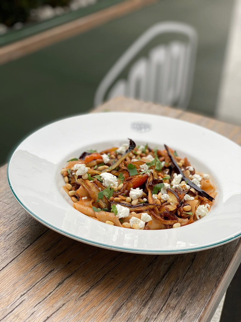 Coppi Restaurant.  Pappardelle Alla Norma with Fivemiletown Goat Cheese & Broighter Gold Garlic & Rosemary Oil & Burren Balsamic Vinegar