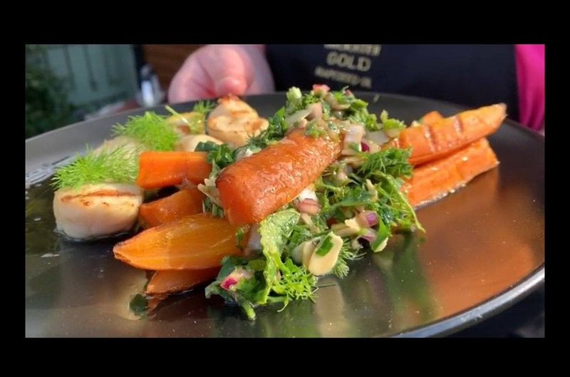 BBQ scallops with grilled carrot, almond and dill salad